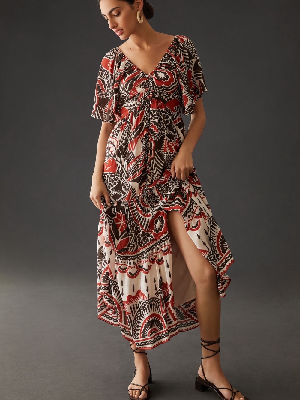 Anthropologie Rust, Black & Cream Midi V-Neck Dress